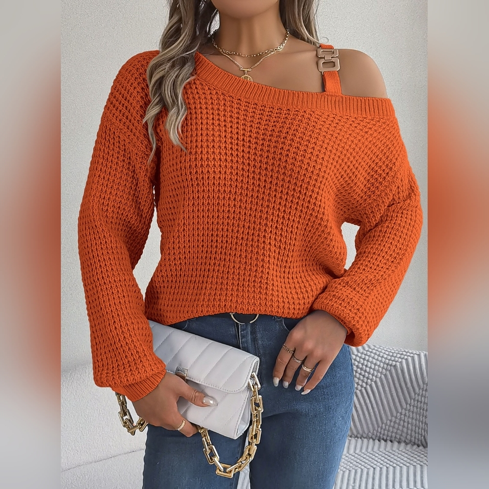 Waffle Knit Cold Shoulder Asymmetrical Gold Accent Long Sleeve Sweater Shirt